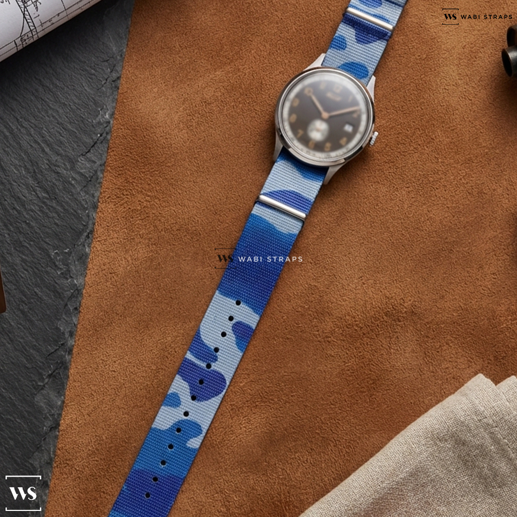 Blue Camouflage Nylon Watch Strap on Tissot Heritage 1938 Automatic Small Second COSC 39mm