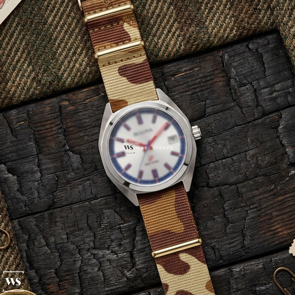 Brown Camouflage Nylon Watch Strap on Bulova Jet Star