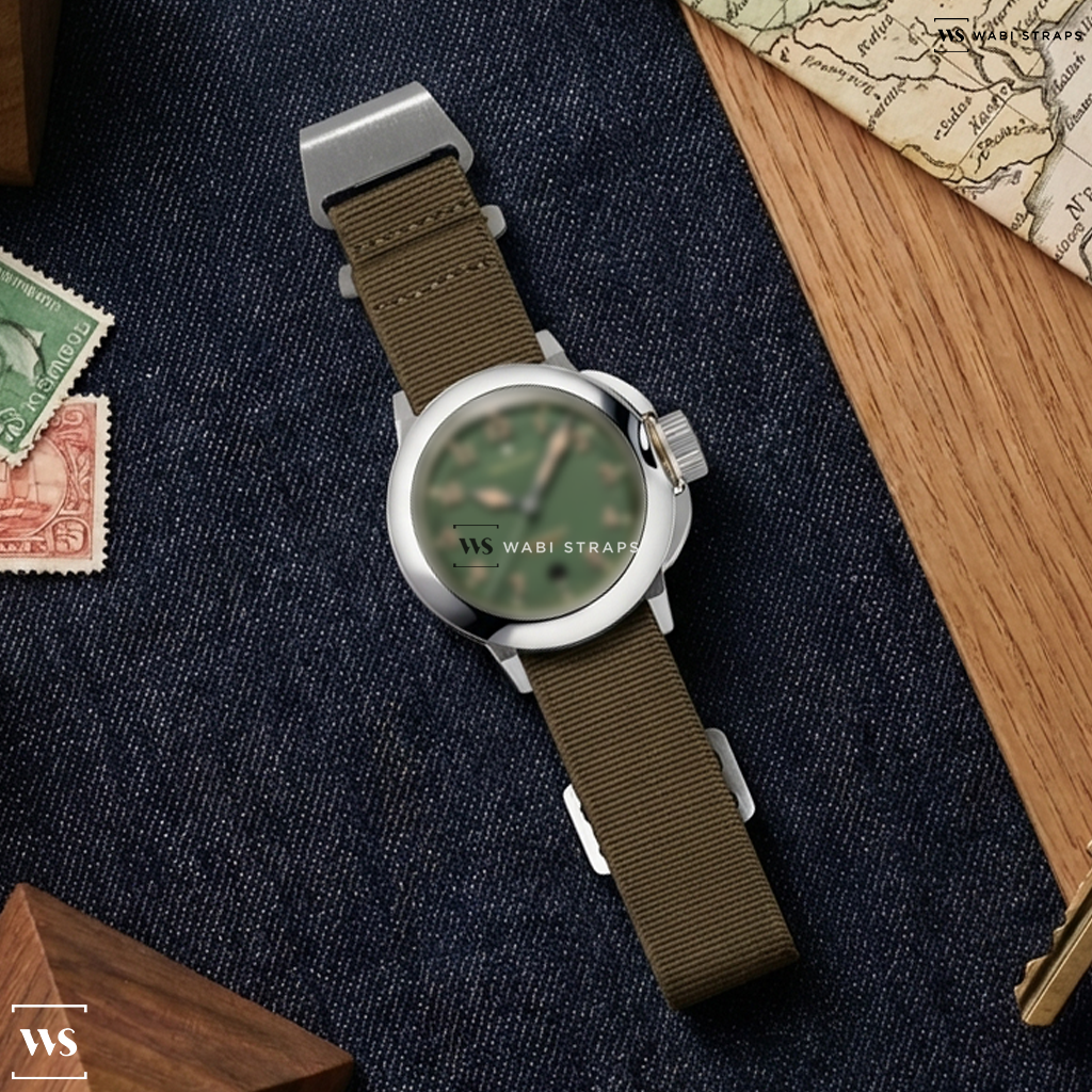 Green Basic Nylon Watch Strap on Waltham Field & Marine Military