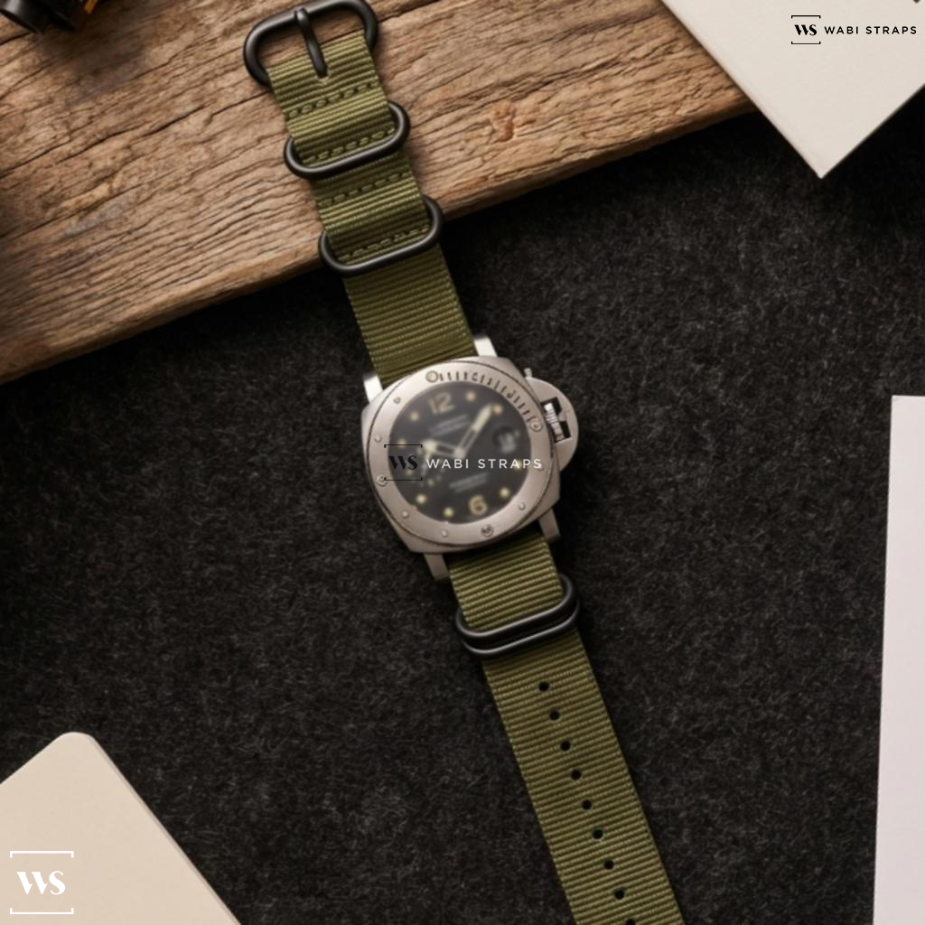 Green Solid Plain Nylon Watch Strap on Panerai Luminor Submersible