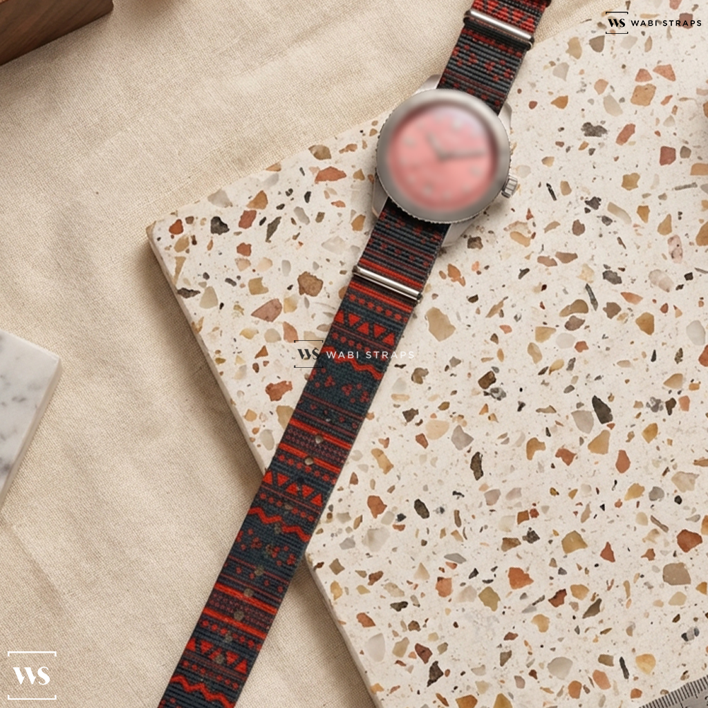 Black/Red Graphic Print Nylon Watch Strap on Oris Divers Sixty-Five "Cotton Candy" Steel