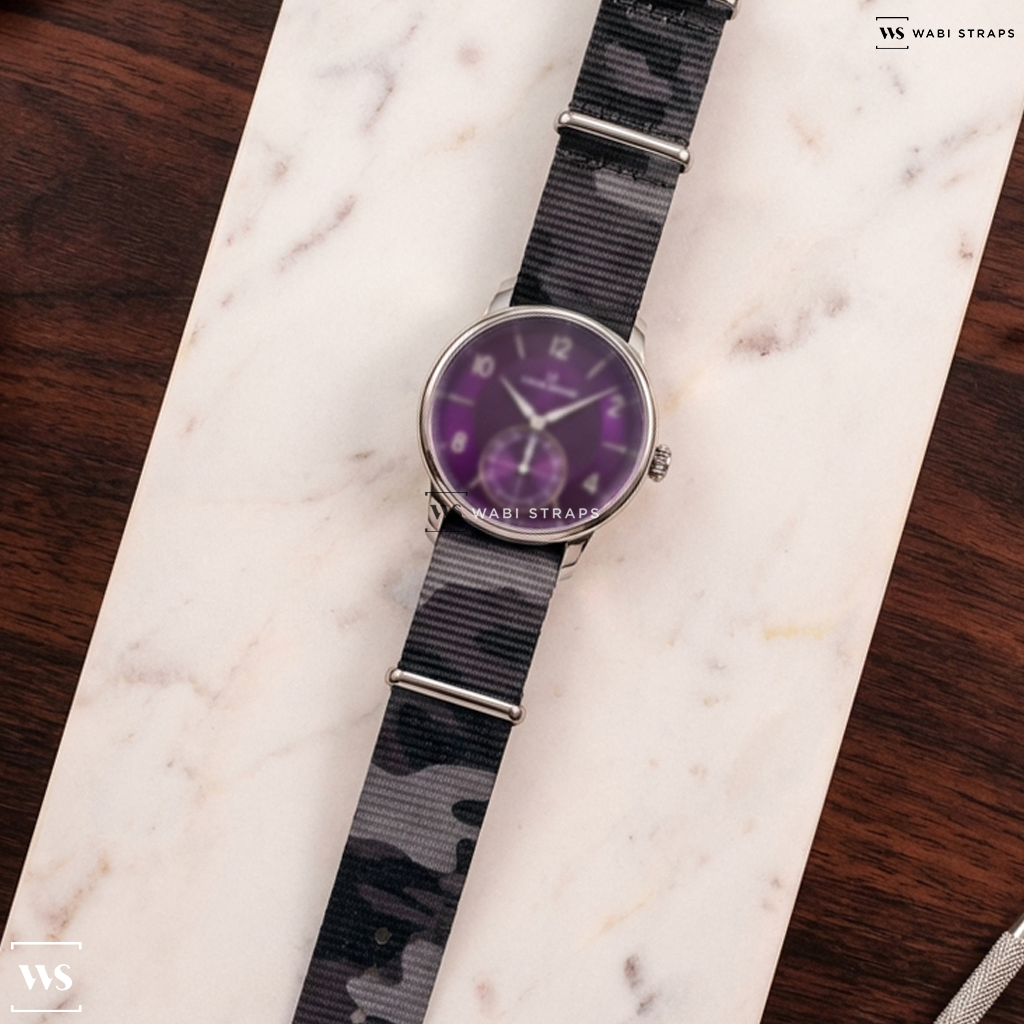 Black/Grey Camouflage Nylon Watch Strap on Louis Erard Excellence Petite Second