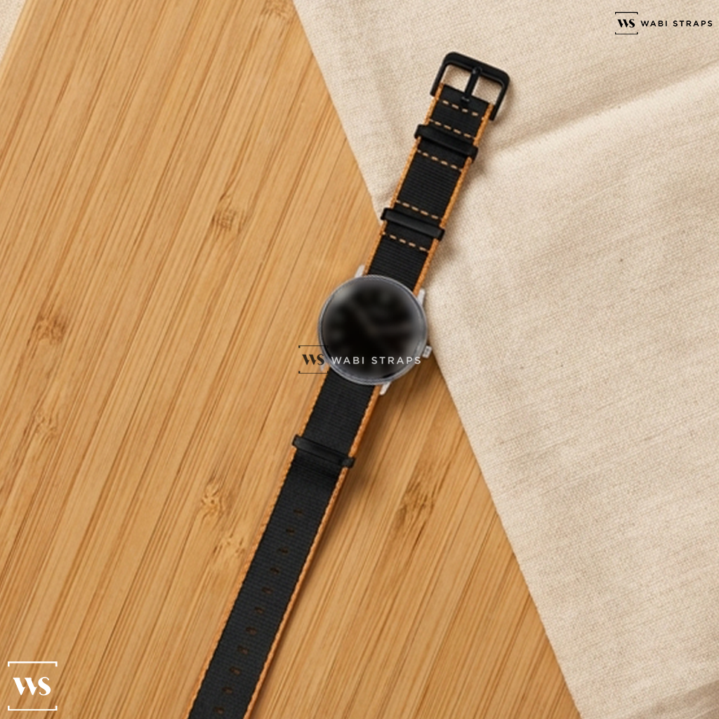Black/Orange Trim Edge Nylon Watch Strap on Junghans Max Bill Automatic