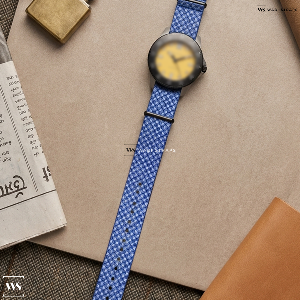 Blue/White Graphic Print Nylon Watch Strap on Vero Open Water