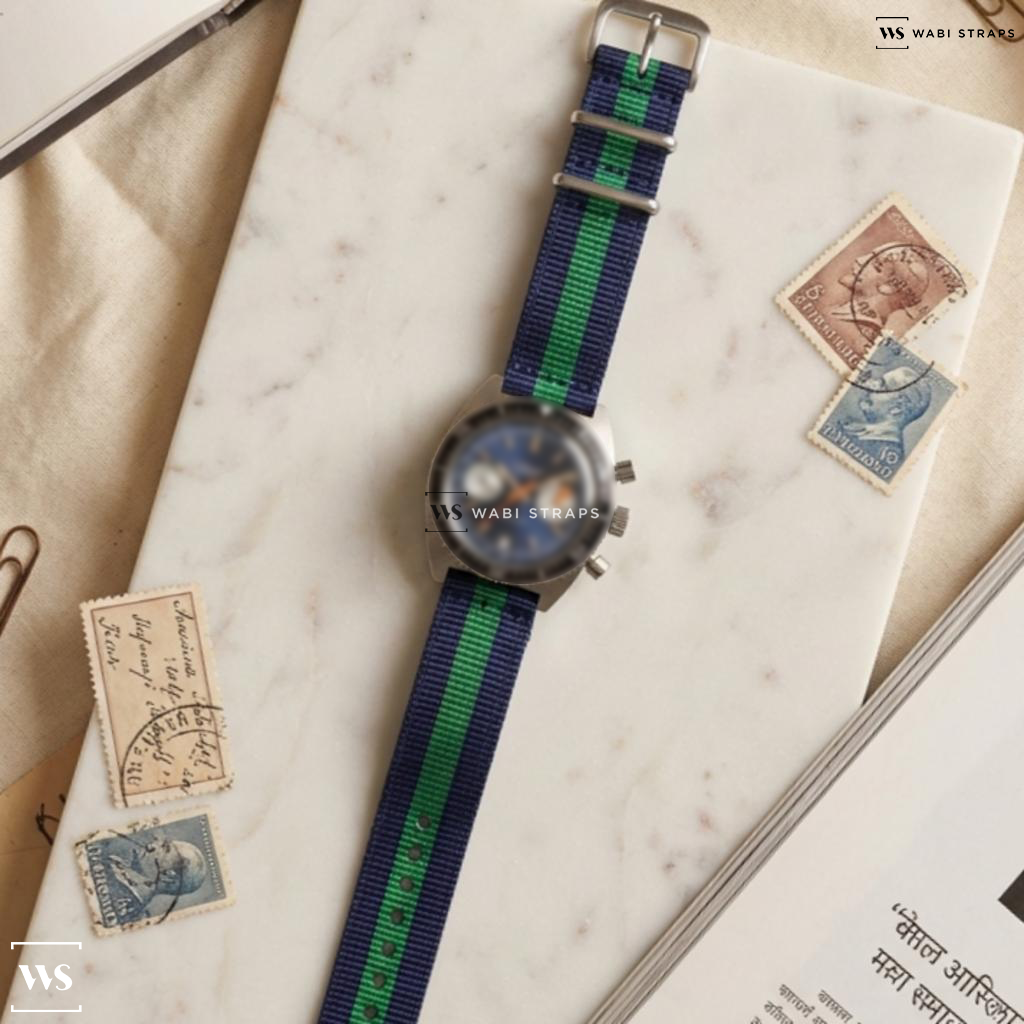 Blue/Green 3 Stripes Nylon Watch Strap on Clebar Vintage Chronograph Blue Racing Dial