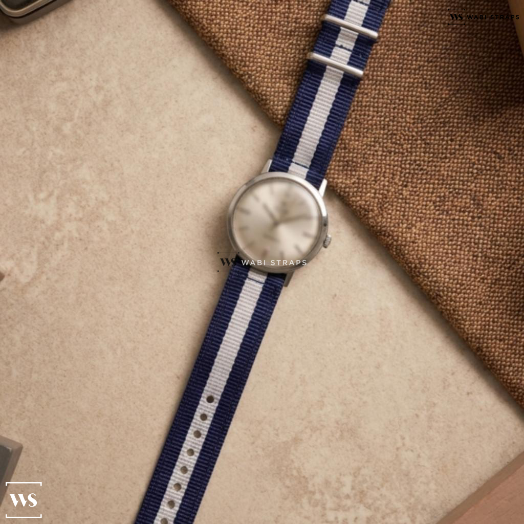 Blue/White 3 Stripes Nylon Watch Strap on Zodiac Custom Automatic Dress Watch