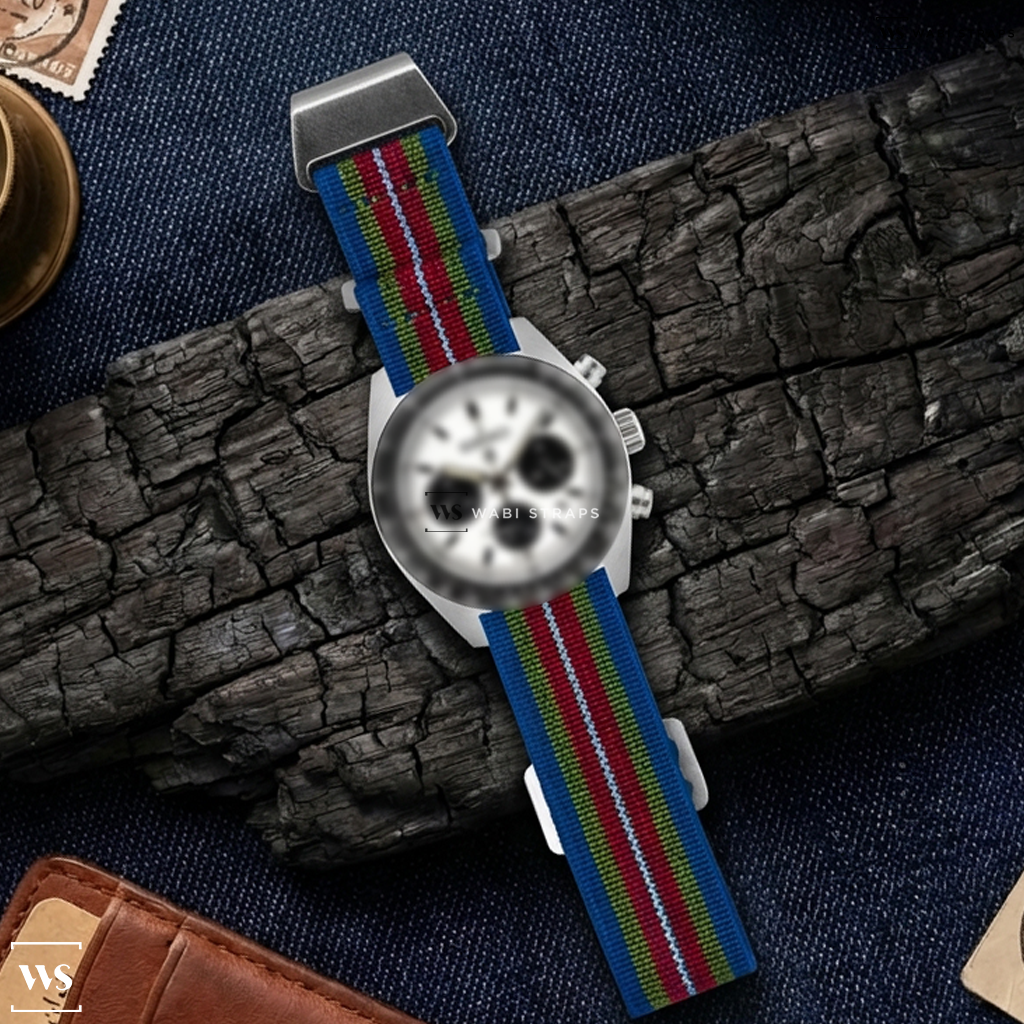 Blue/Red/White/Yellow 7-Stripes Nylon Watch Strap on Seiko Prospex Speedtimer Solar Chronograph with White Dial #SSC813