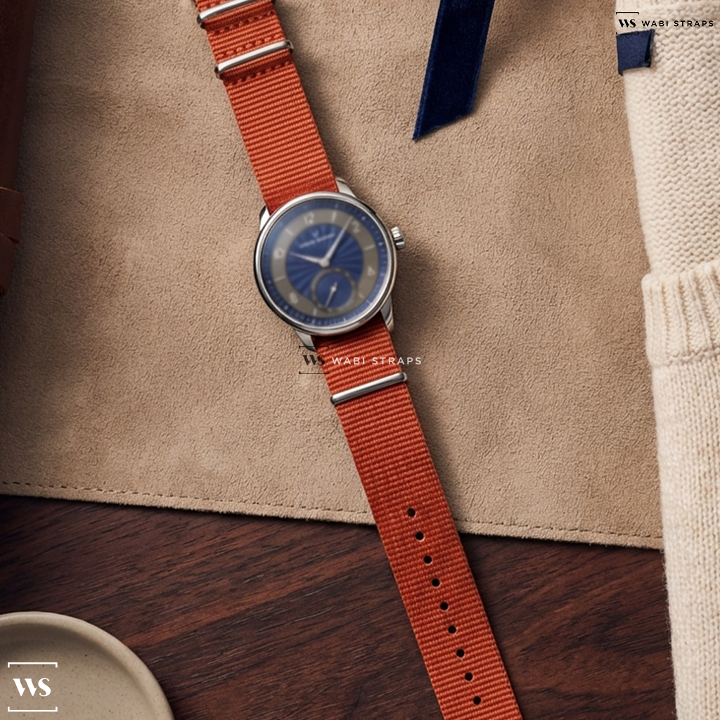 Red Graphic Print Nylon Watch Strap on Louis Erard Excellence Petite Seconde Guilloché Anthracite