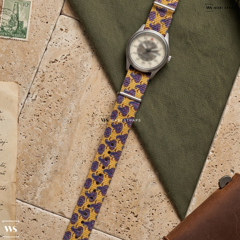 Blue/Brown/Red Graphic Print Nylon Watch Strap on Seiko 5 Sports Worn & Wound 10th Anniversary Limited Edition