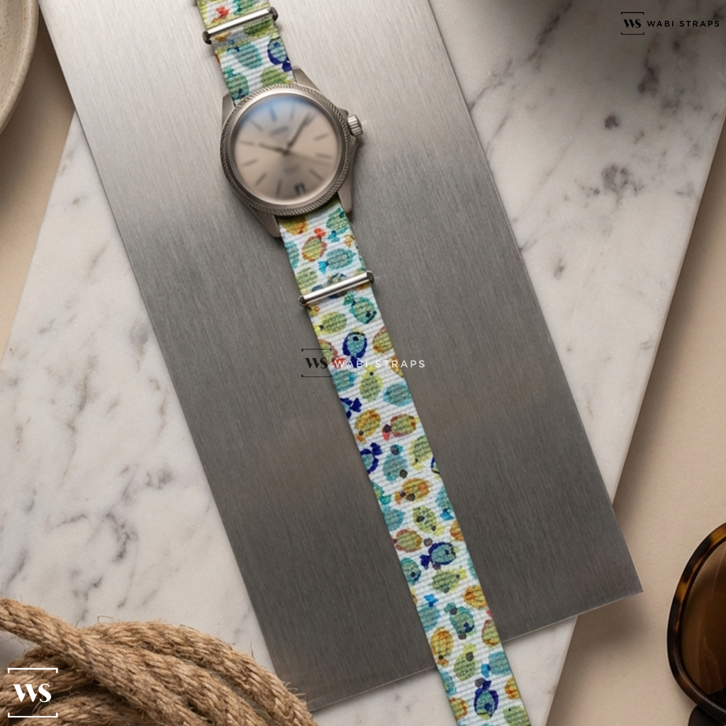 Blue/White/Yellow Graphic Print Nylon Watch Strap on Oris Propilot X Calibre 400