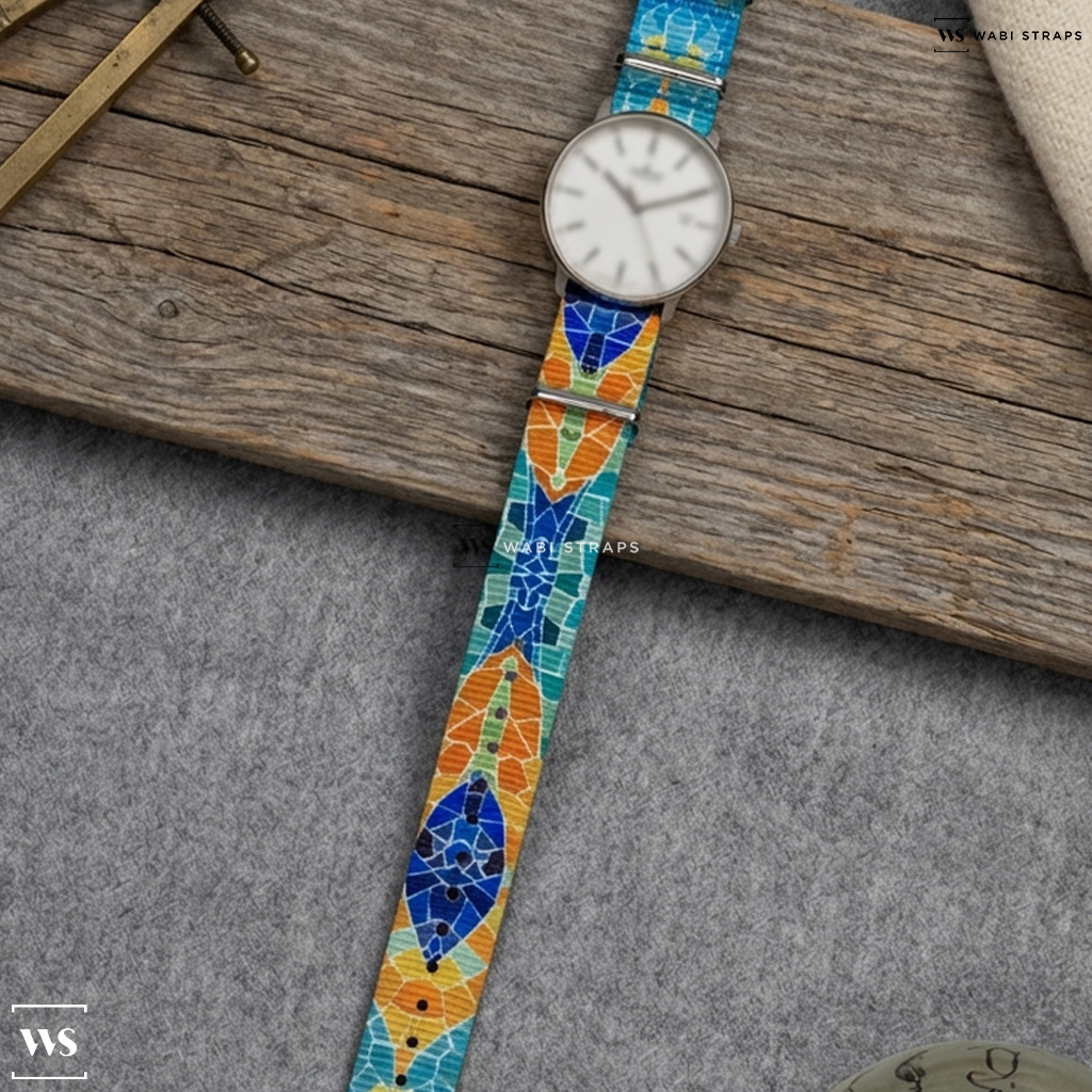 Blue/Orange Graphic Print Nylon Watch Strap on Junghans FORM A Titan