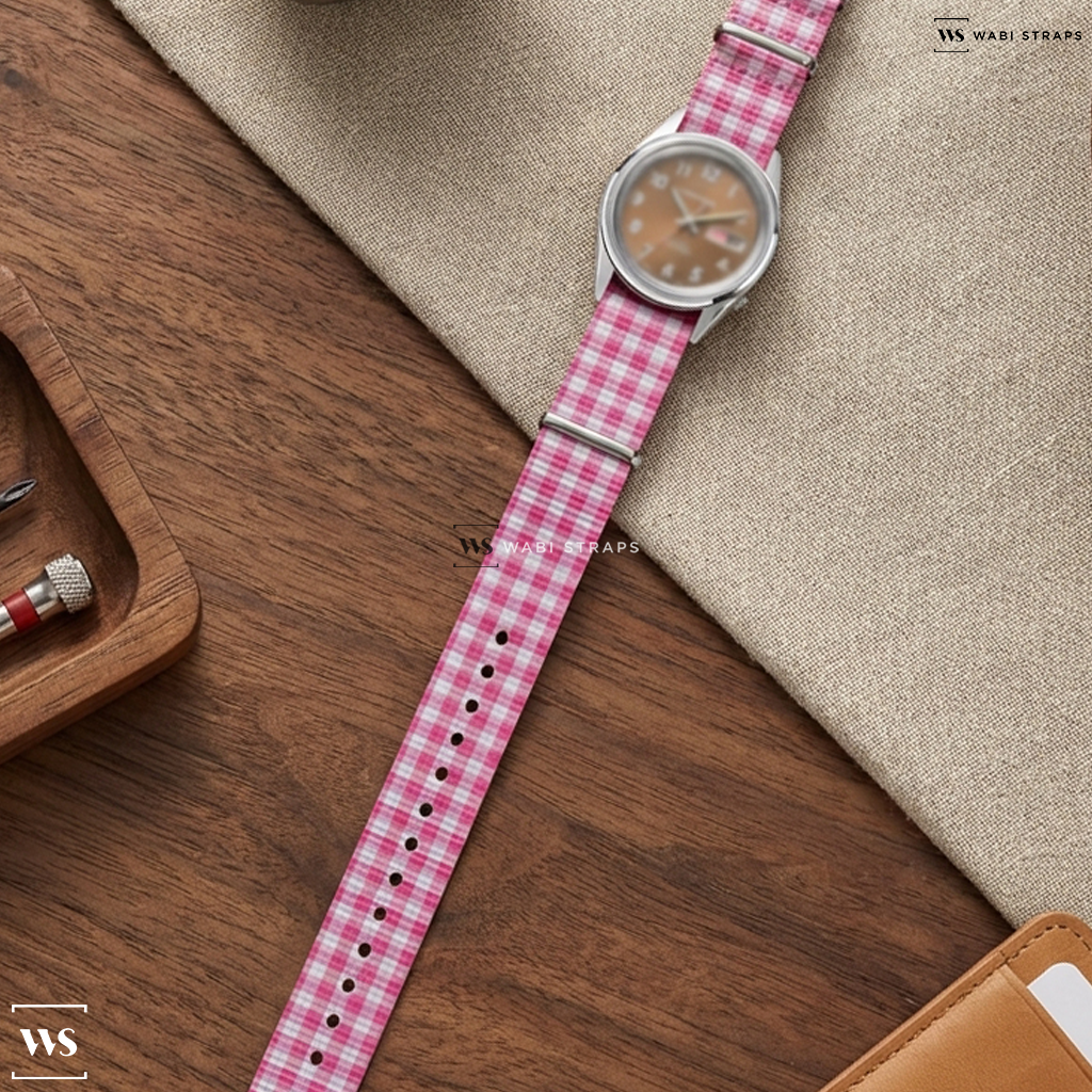 Pink/White Graphic Print Nylon Watch Strap on Praesidus Watch Co. Rec Spec