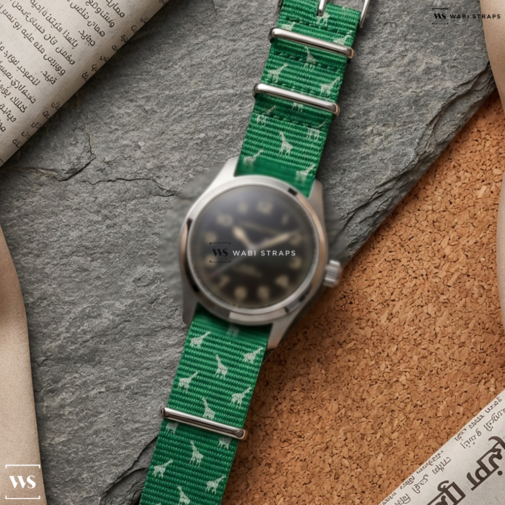Green/White Graphic Print Nylon Watch Strap on Hamilton Khaki Field Murph 38mm