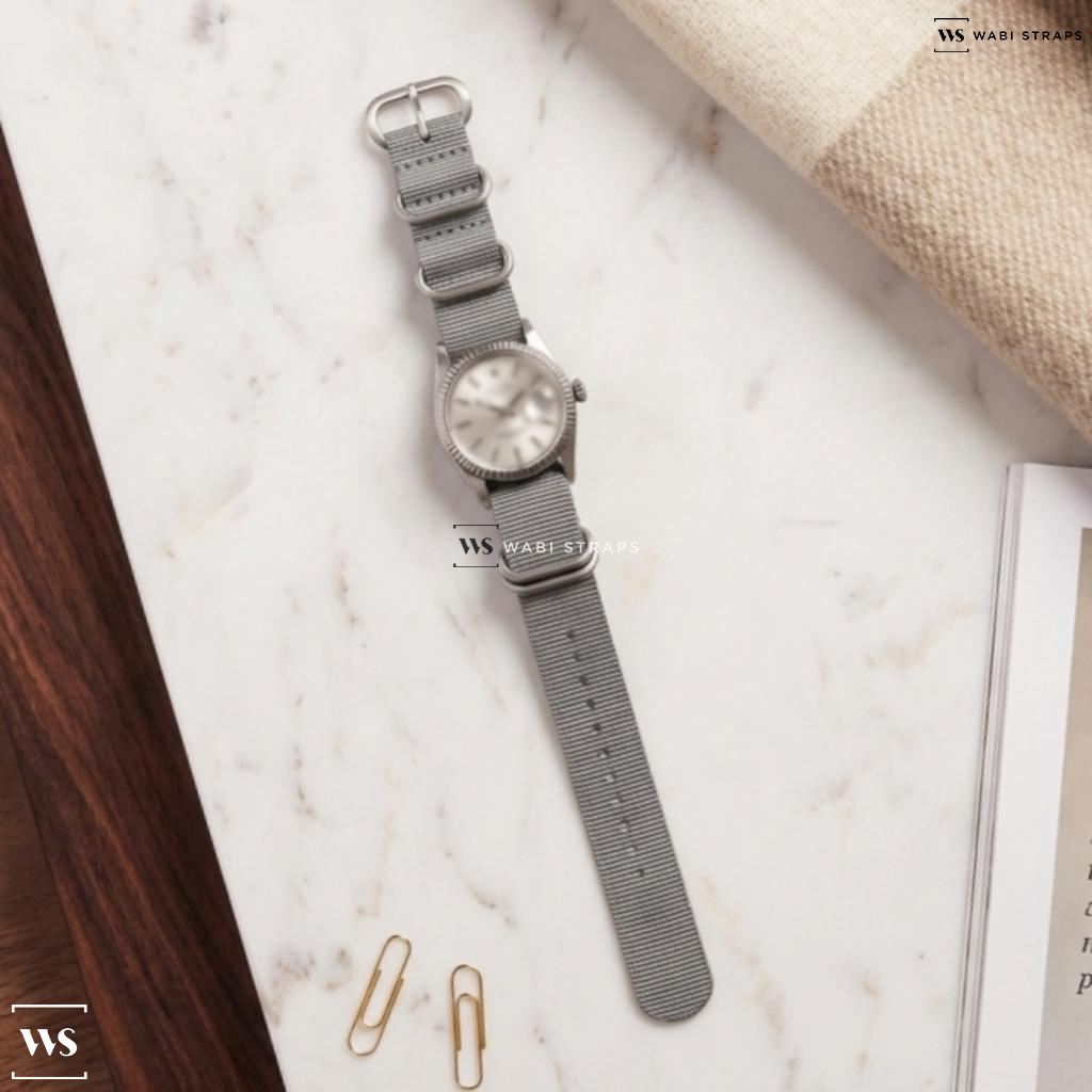 Grey Solid Plain Nylon Watch Strap on Rolex Datejust Silver Dial