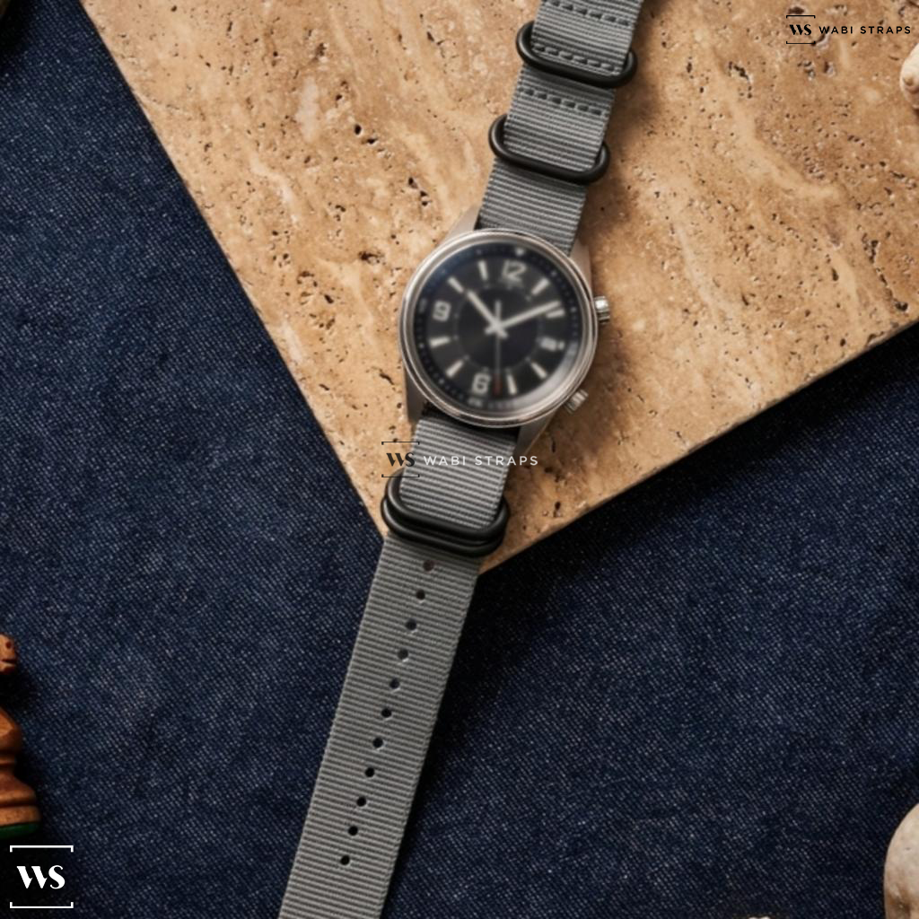Grey Solid Plain Nylon Watch Strap on JLC Polaris Date Dual Crown