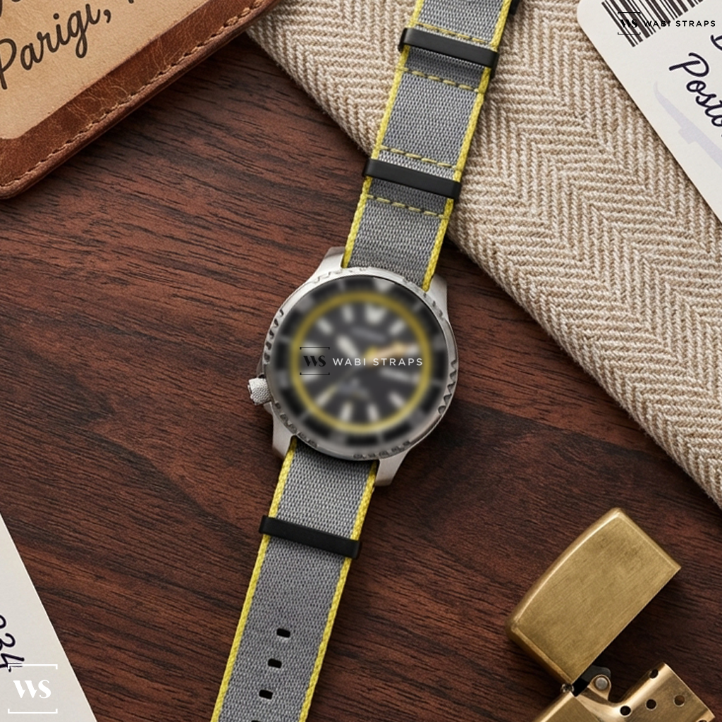 Grey/Yellow Trim Edge Nylon Watch Strap on Citizen Promaster Dive Automatic "Fugu"