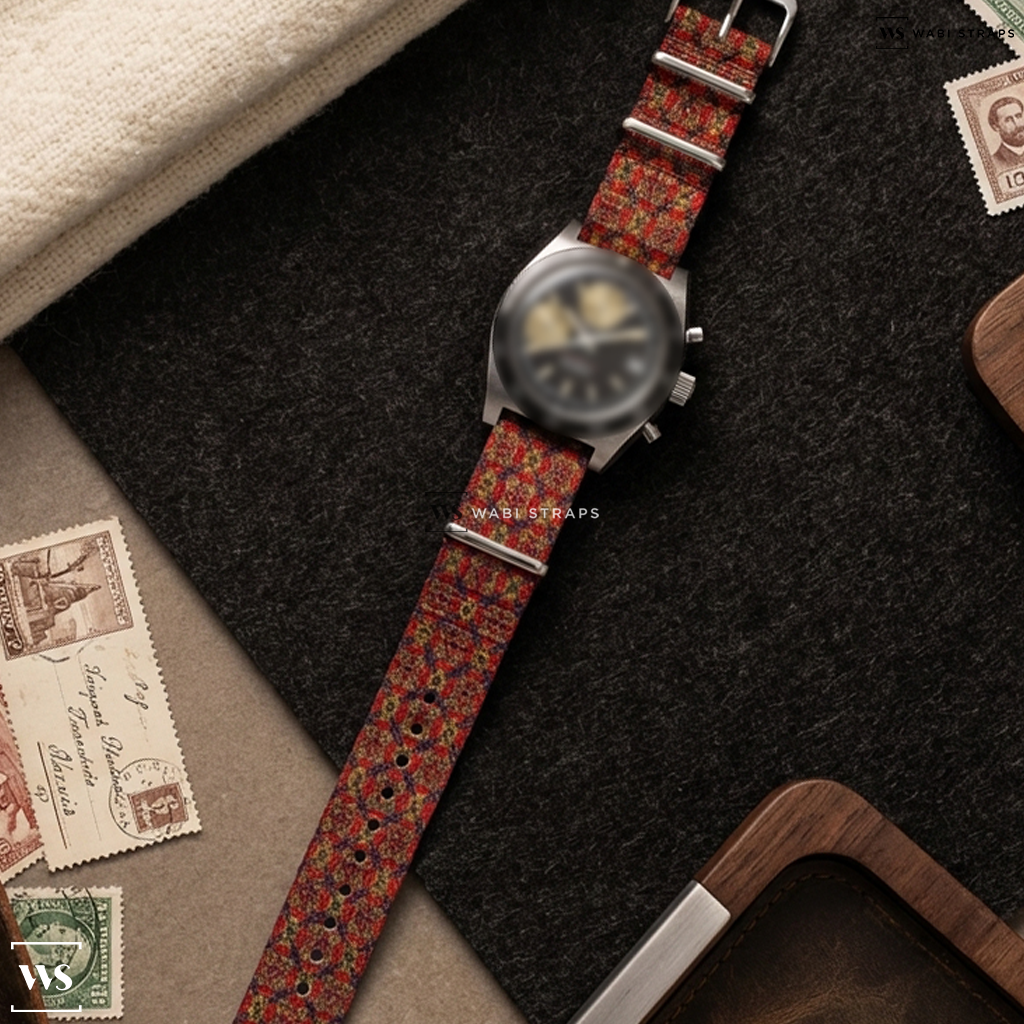 Blue/Grey/Red/Yellow Graphic Print Nylon Watch Strap on Nivada Grenchen Chronosport