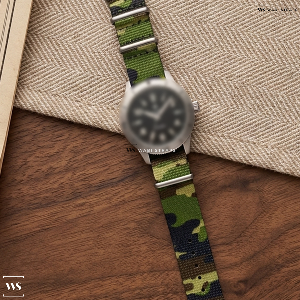 Black/Brown Tactical Camouflage Nylon Watch Strap on Waltham Blue Diver's Day Date Automatic