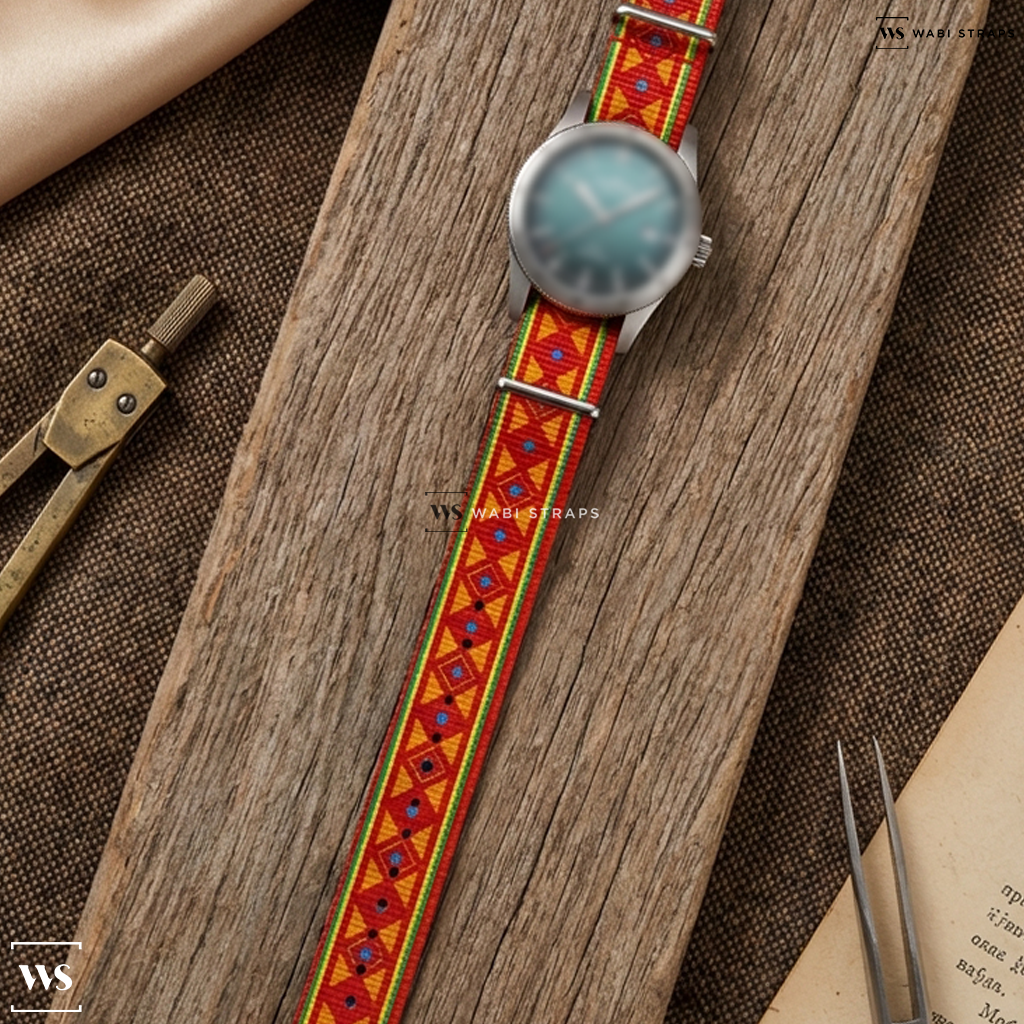 Green/Orange/Red/Yellow Graphic Print Nylon Watch Strap on Fortis Flieger F-39 Automatic