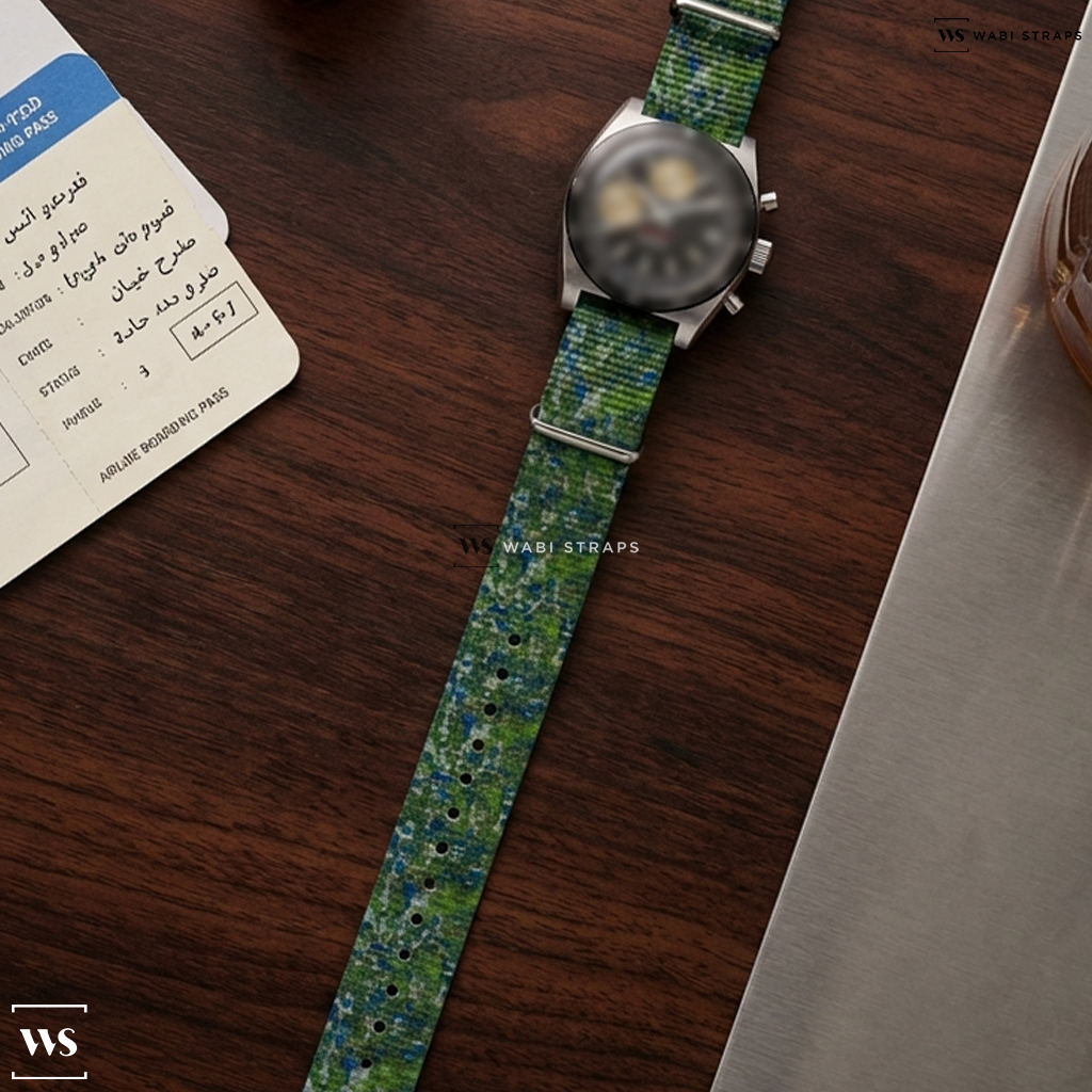 Blue/Green Tie Dye Nylon Watch Strap on Nivada Grenchen Chronosport