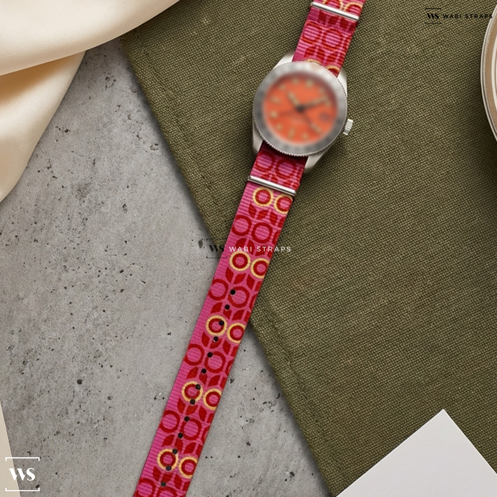 Pink/Red/Yellow Graphic Print Nylon Watch Strap on Spinnaker Croft 3912 GMT Limited Edition