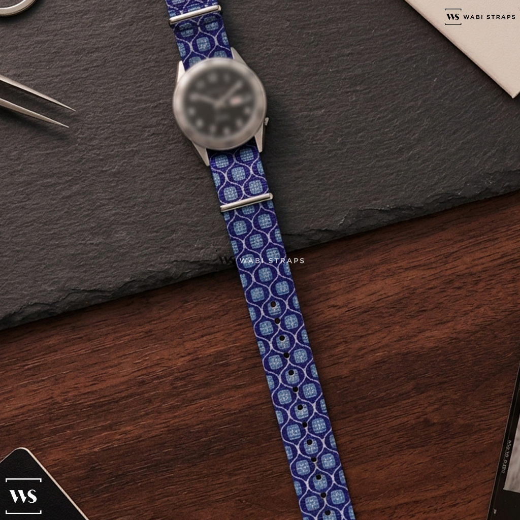 Blue/White Graphic Print Nylon Watch Strap on Praesidus Watch Co.Rec Spec