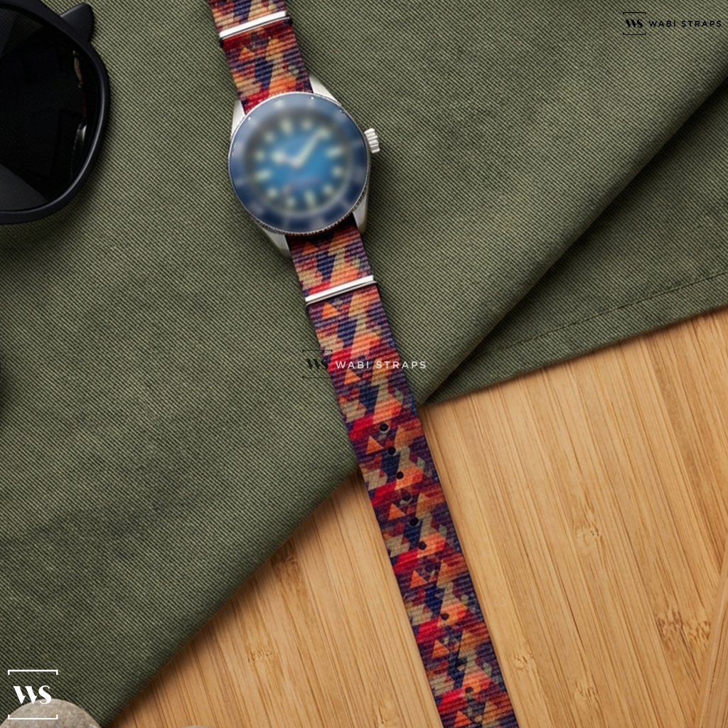 Black/Brown/Red Tie Dye Nylon Watch Strap on Spinnaker Spence 300 Automatic