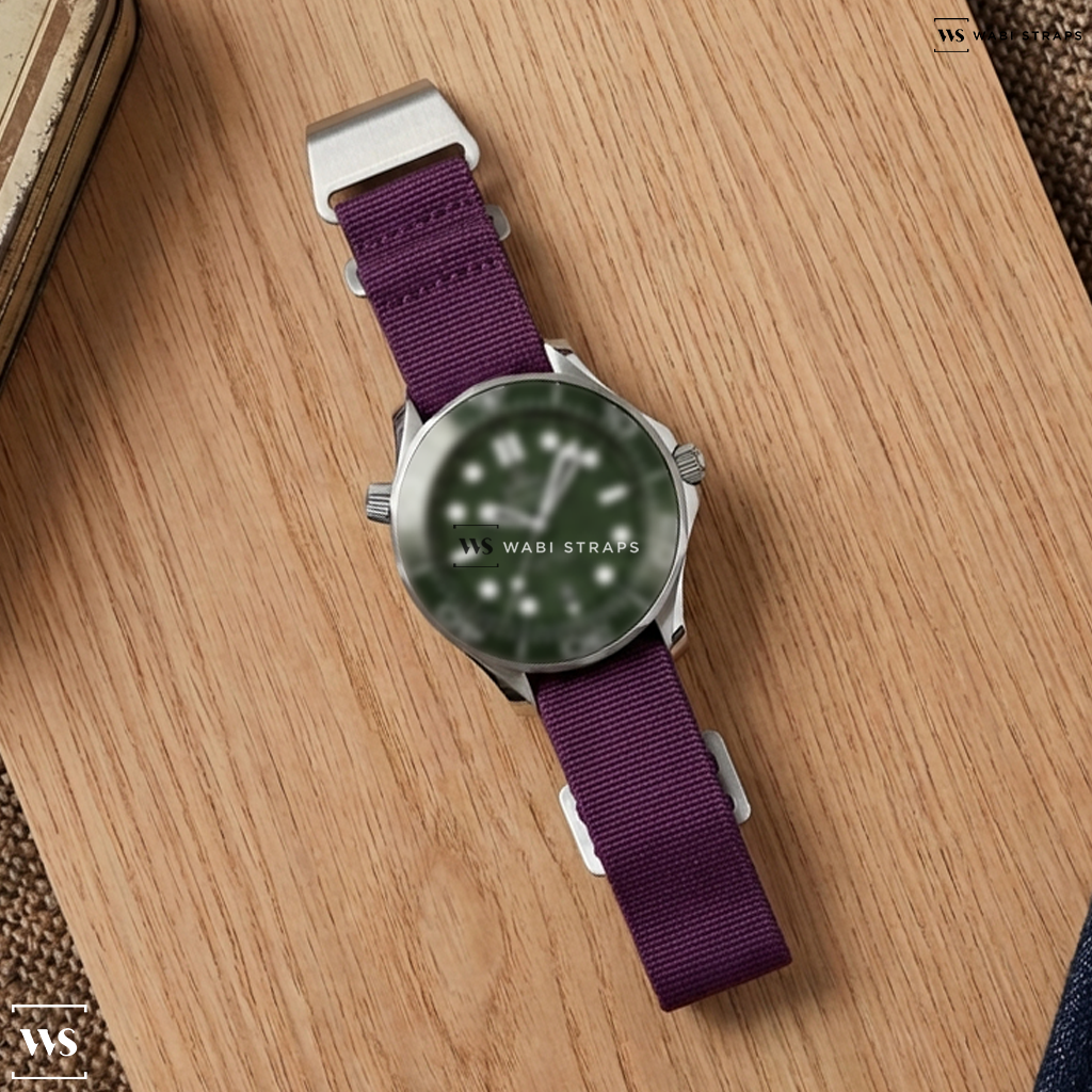 Purple Basic Nylon Watch Strap on Omega Seamaster Diver 300m Co-Axial Master Chronometer 42mm Mens Watch Green O21032422010001