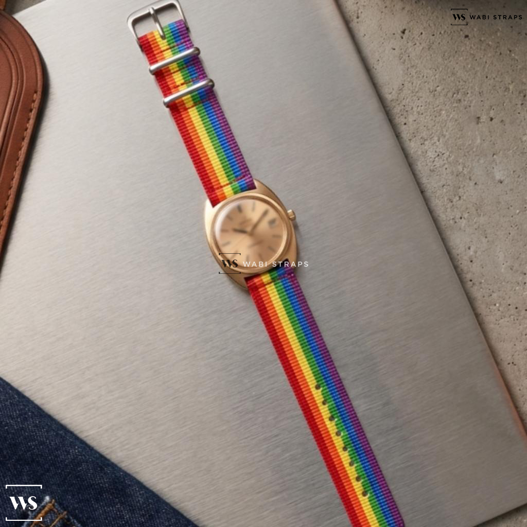 Rainbow 7 Stripes Nylon Watch Strap on Omega Constellation 18k Solid Gold C Case