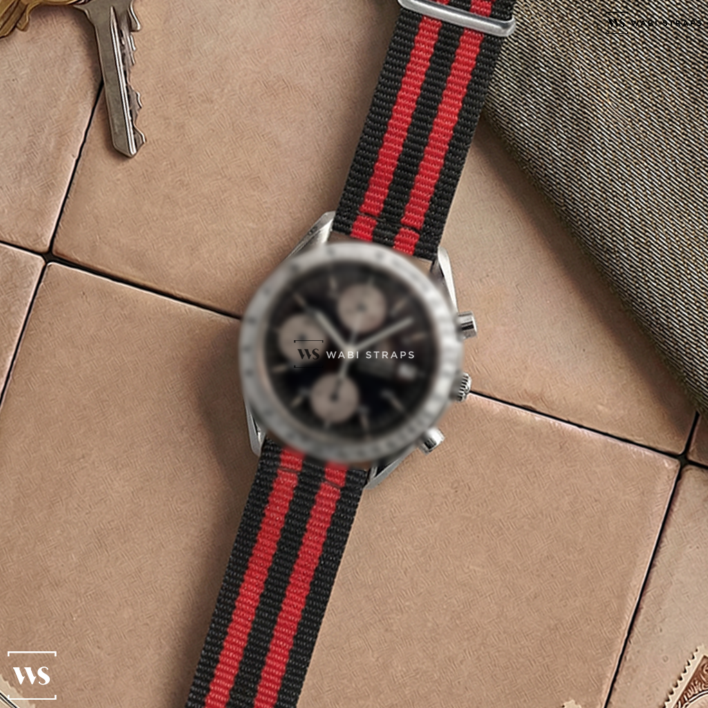 Black/Red 3 Stripes Nylon Watch Strap on Omega Speedmaster Chronograph Date 3511.50