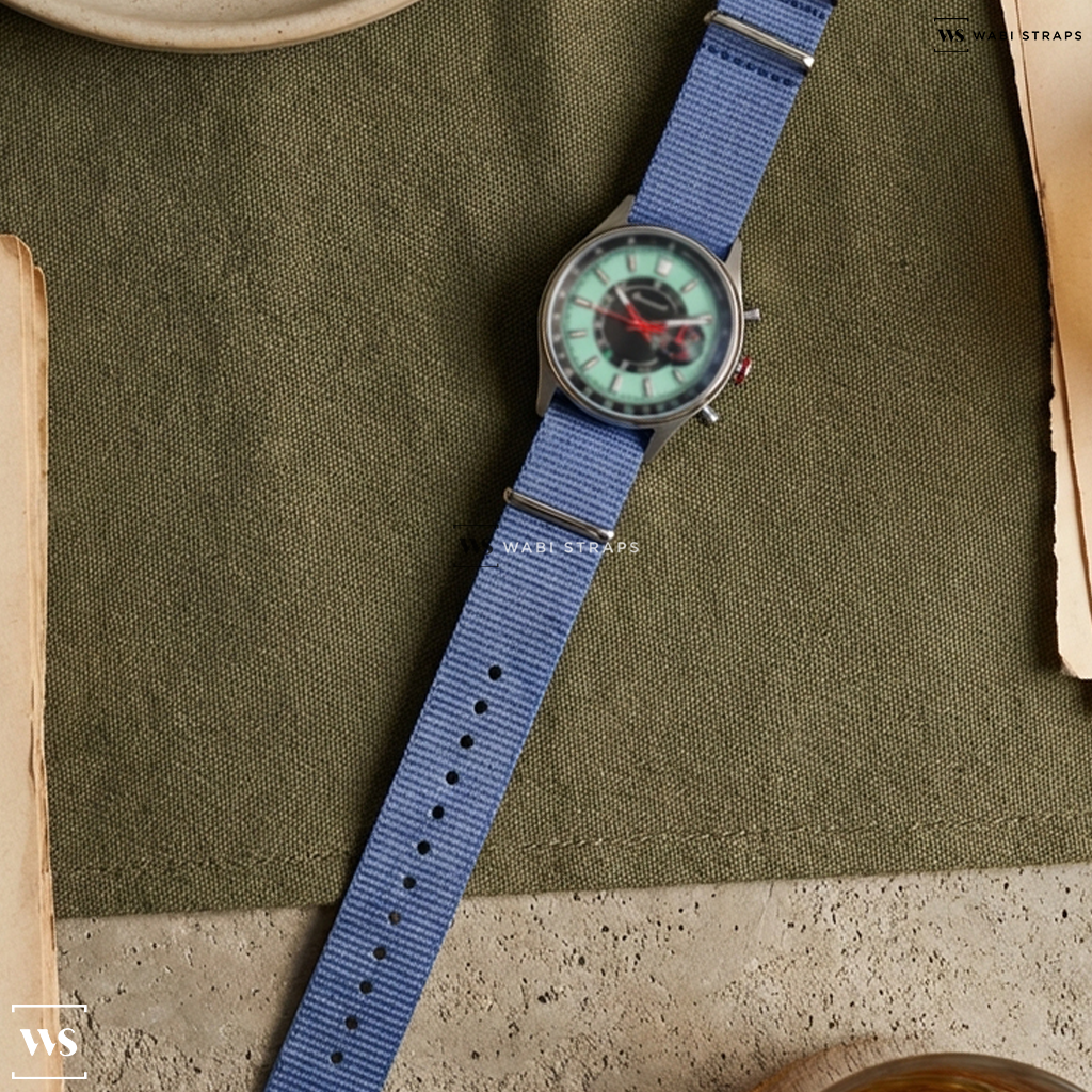 Blue/White Graphic Print Nylon Watch Strap on Depancel X Worn & Wound Allure Valjoux 92