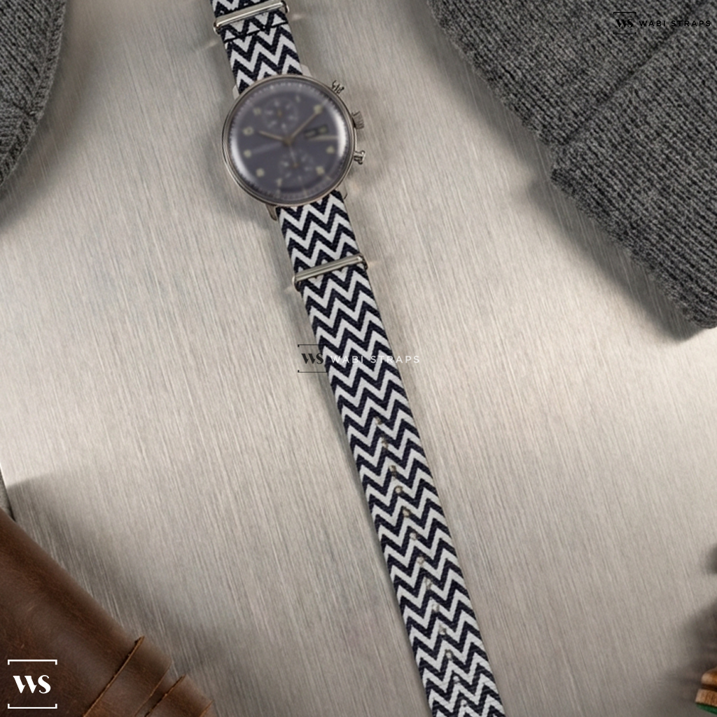 Black/White Graphic Print Nylon Watch Strap on Junghans Max Bill Chronoscope