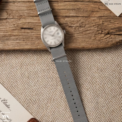 Grey Solid Plain Nylon Watch Strap on Rolex Datejust Wide Boy Silver Dial