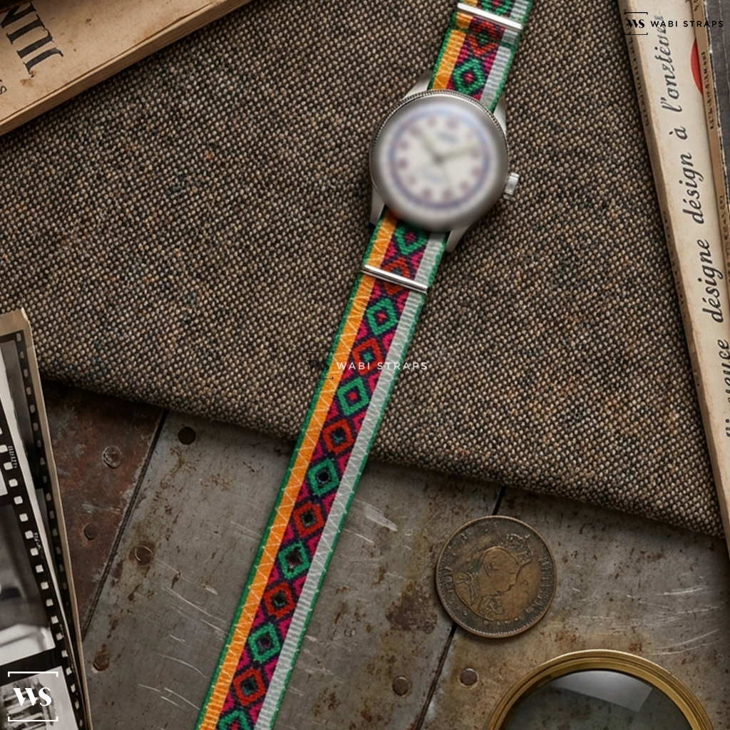 Black/Green/Orange/Red Graphic Print Nylon Watch Strap on Oris Hank Aaron Limited Edition