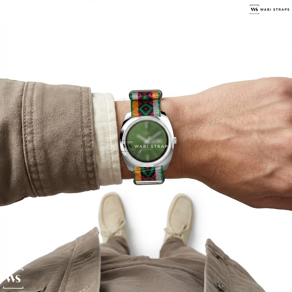 Black/Green/Orange/Red Graphic Print Nylon Watch Strap on Q Timex 1978 Day/Date 37.5mm