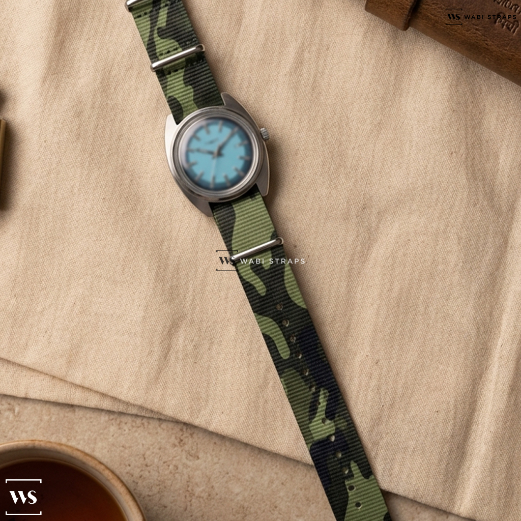 Green/Grey Camouflage Nylon Watch Strap on Timex x Worn & Wound WW75 V2 Limited Edition