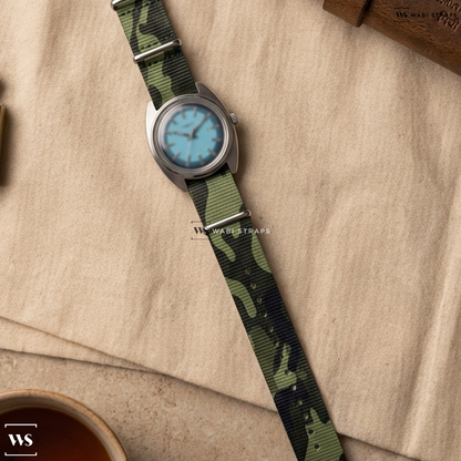 Green/Grey Camouflage Nylon Watch Strap on Timex x Worn & Wound WW75 V2 Limited Edition