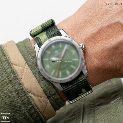 Green/Grey Camouflage Nylon Watch Strap on Traska Summiteer 36 Sage Green