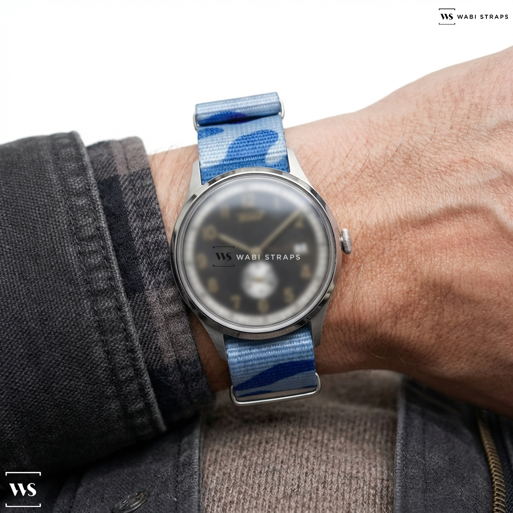 Blue Camouflage Nylon Watch Strap on Circula AquaSport II