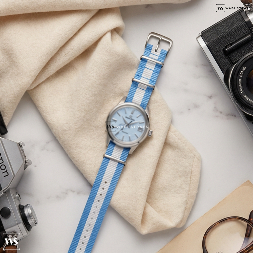 Blue/White 3 Stripes Nylon Watch Strap on Grand Seiko Skyflake SBGA407