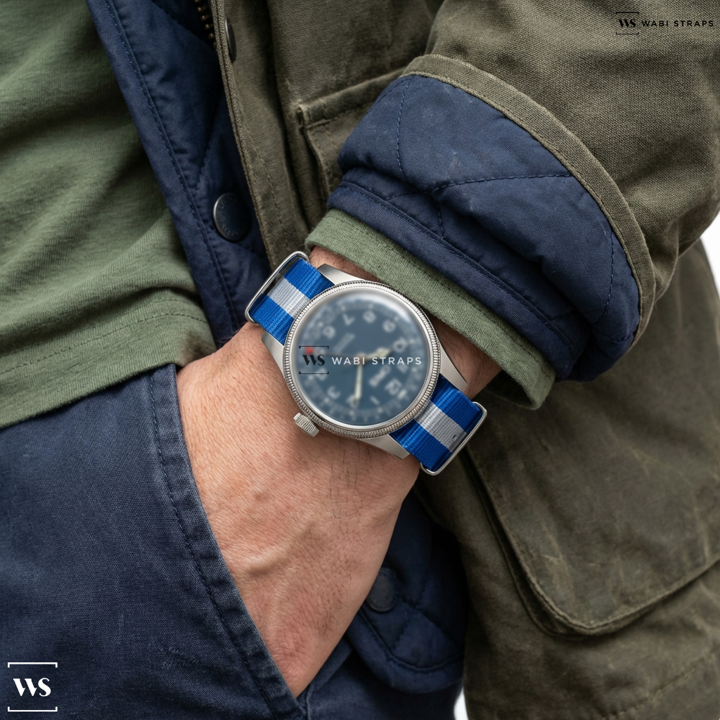 Blue/White 3 Stripes Nylon Watch Strap on Oris Big Crown Pointer Date Blue Dial
