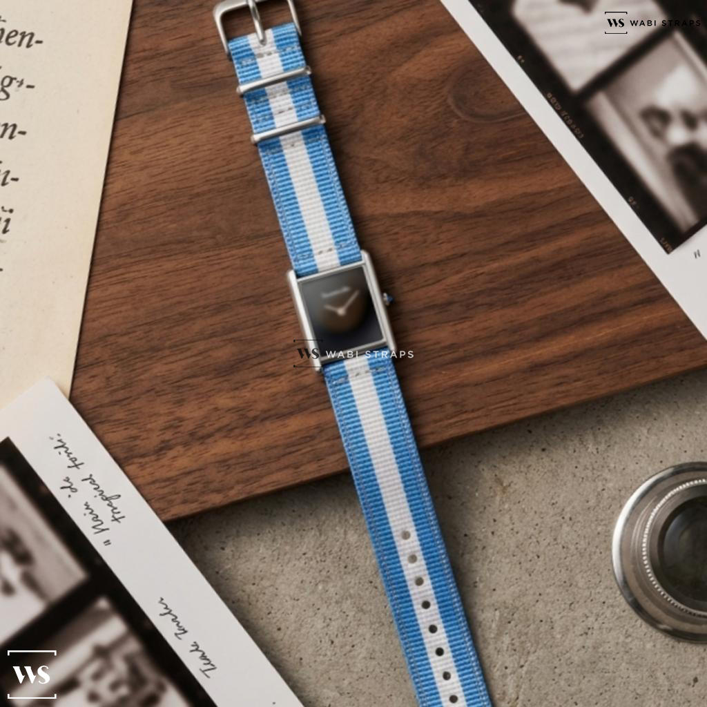 Blue/White 3 Stripes Nylon Watch Strap on Vintage Tiffany and Co Tank Black Dial