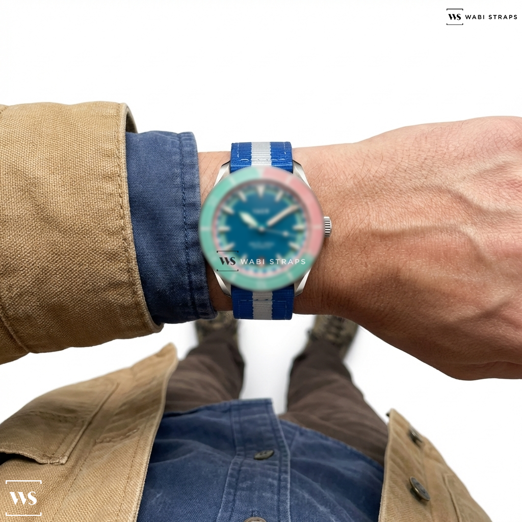 Blue/White 3 Stripes Nylon Watch Strap on DS4 Meridian Solar Diver: 38mm