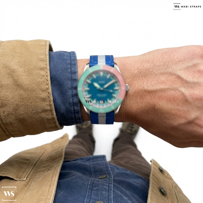 Blue/White 3 Stripes Nylon Watch Strap on DS4 Meridian Solar Diver: 38mm