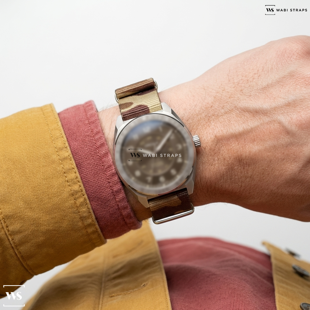 Brown Camouflage Nylon Watch Strap on Circula ProTrail Sand