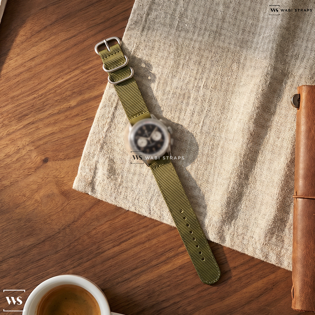 Green Solid Plain Nylon Watch Strap on Breitling 1884 Chronometer Premier Reverse Panda Chronograph