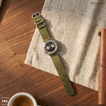 Green Solid Plain Nylon Watch Strap on Breitling 1884 Chronometer Premier Reverse Panda Chronograph