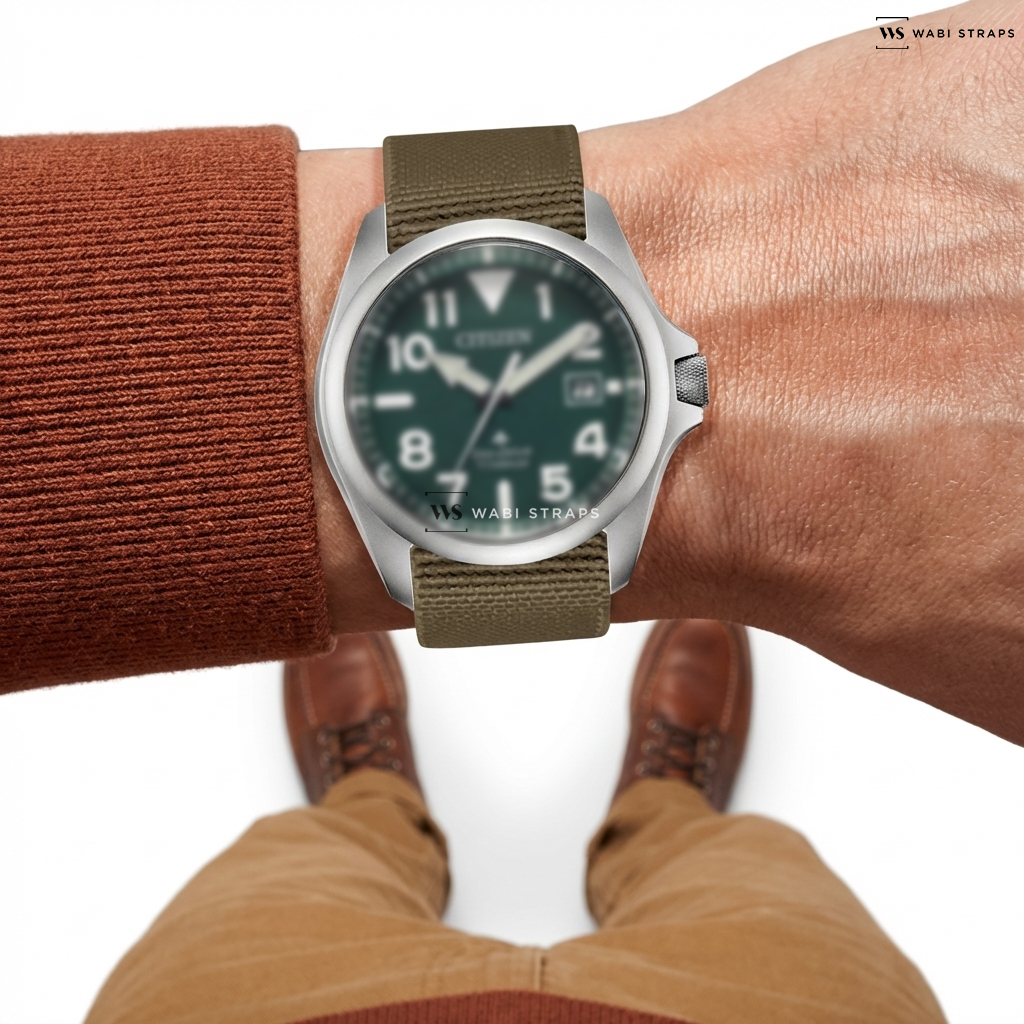 Green Basic Nylon Watch Strap on Citizen Promaster Tough