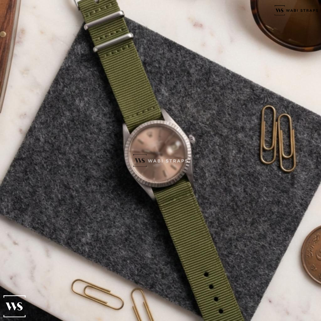 Green Solid Plain Nylon Watch Strap on Rolex 1603 Datejust Engine Turned Bezel Bronze Slate Dial