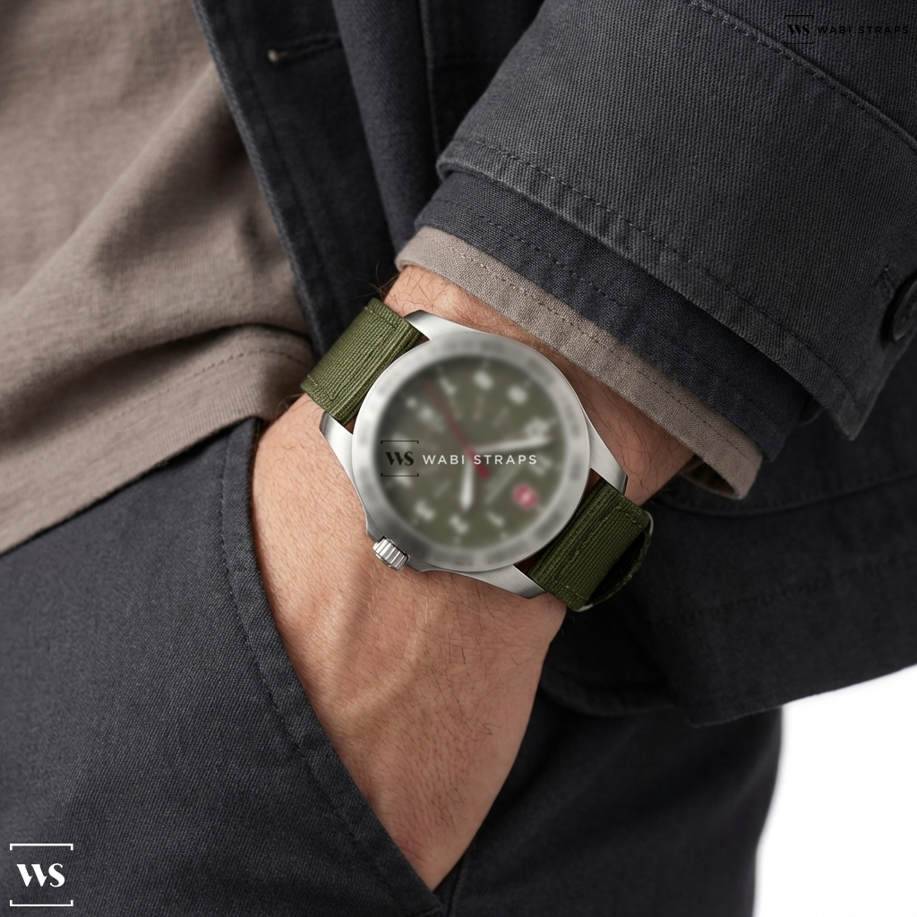 Green Solid Plain Nylon Watch Strap on Victorinox Swiss Army Heritage, Blue Dial, Brown Leather Strap